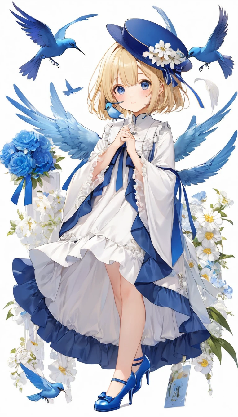 (masterpiece, Highest quality:1.2), One Girl, alone,Bony body、15 years old、detailed face, cute face, Uekura, One girl, Blonde Hair, White Background, Have, dress, Blue footwear, wing, Simple Background, sign, flower, Manicure, Wide sleeves, Long sleeve, blush, animal, white flower, alone, whole body, bird, View Viewer, High heels, Put your hand on your cheek, put your hand on your face, Frills, bow, bangs, ribbon, Bell, Blue hat, +_+, shoes, short hair, Grey Eyes, shoes, Blue Claws, feathered wing, blue bow
