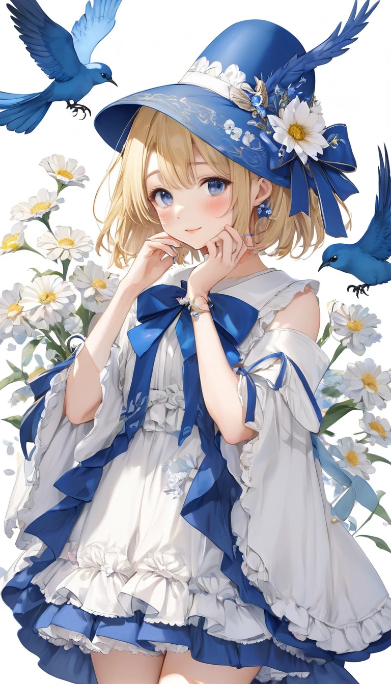 (masterpiece, Highest quality:1.2), One Girl, alone,Bony body、15 years old、detailed face, cute face, Uekura, One girl, Blonde Hair, White Background, Have, dress, Blue footwear, wing, Simple Background, sign, flower, Manicure, Wide sleeves, Long sleeve, blush, animal, white flower, alone, whole body, bird, View Viewer, High heels, Put your hand on your cheek, put your hand on your face, Frills, bow, bangs, ribbon, Bell, Blue hat, +_+, shoes, short hair, Grey Eyes, shoes, Blue Claws, feathered wing, blue bow
