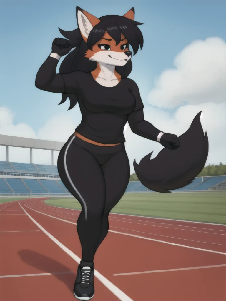 Furry, fox, female, black shirt, black leggings, shoes, running track, solo, full body