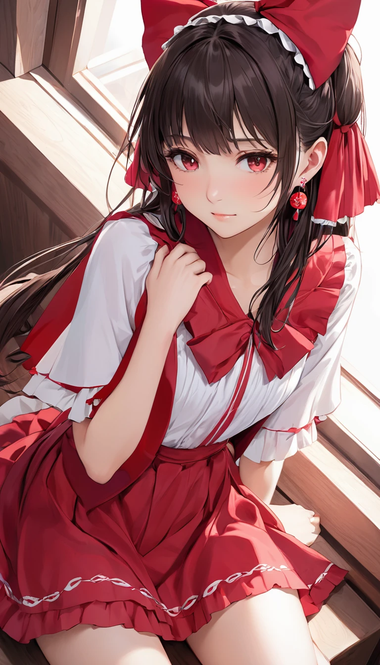 (masterpiece, Highest quality:1.2), One Girl, alone,Bony body、15 years old、Earrings、Reimu_it doesn&#39;t matter, Red dress, Shrine maiden, Shrine Background, One girl, masterpiece, Highest quality, Very detailed