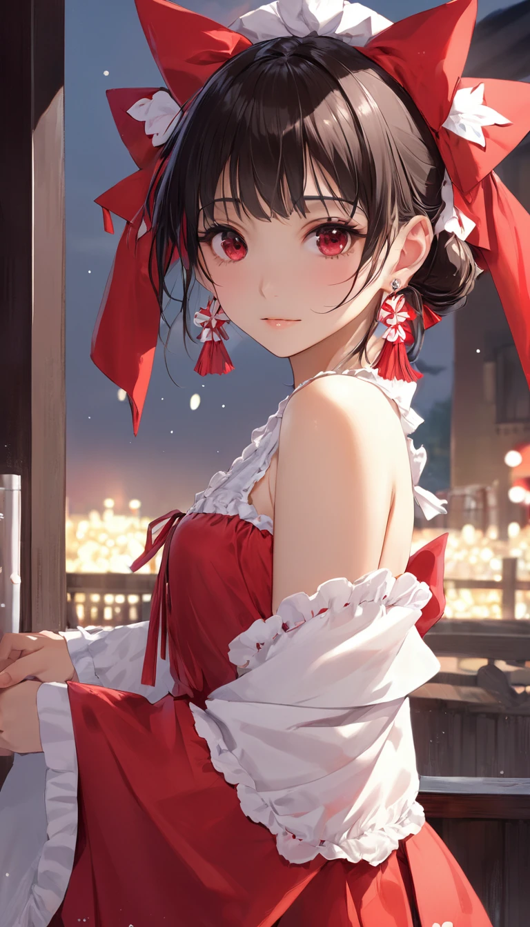 (masterpiece, Highest quality:1.2), One Girl, alone,Bony body、15 years old、Earrings、Reimu_it doesn&#39;t matter, Red dress, Shrine maiden, Shrine Background, One girl, masterpiece, Highest quality, Very detailed