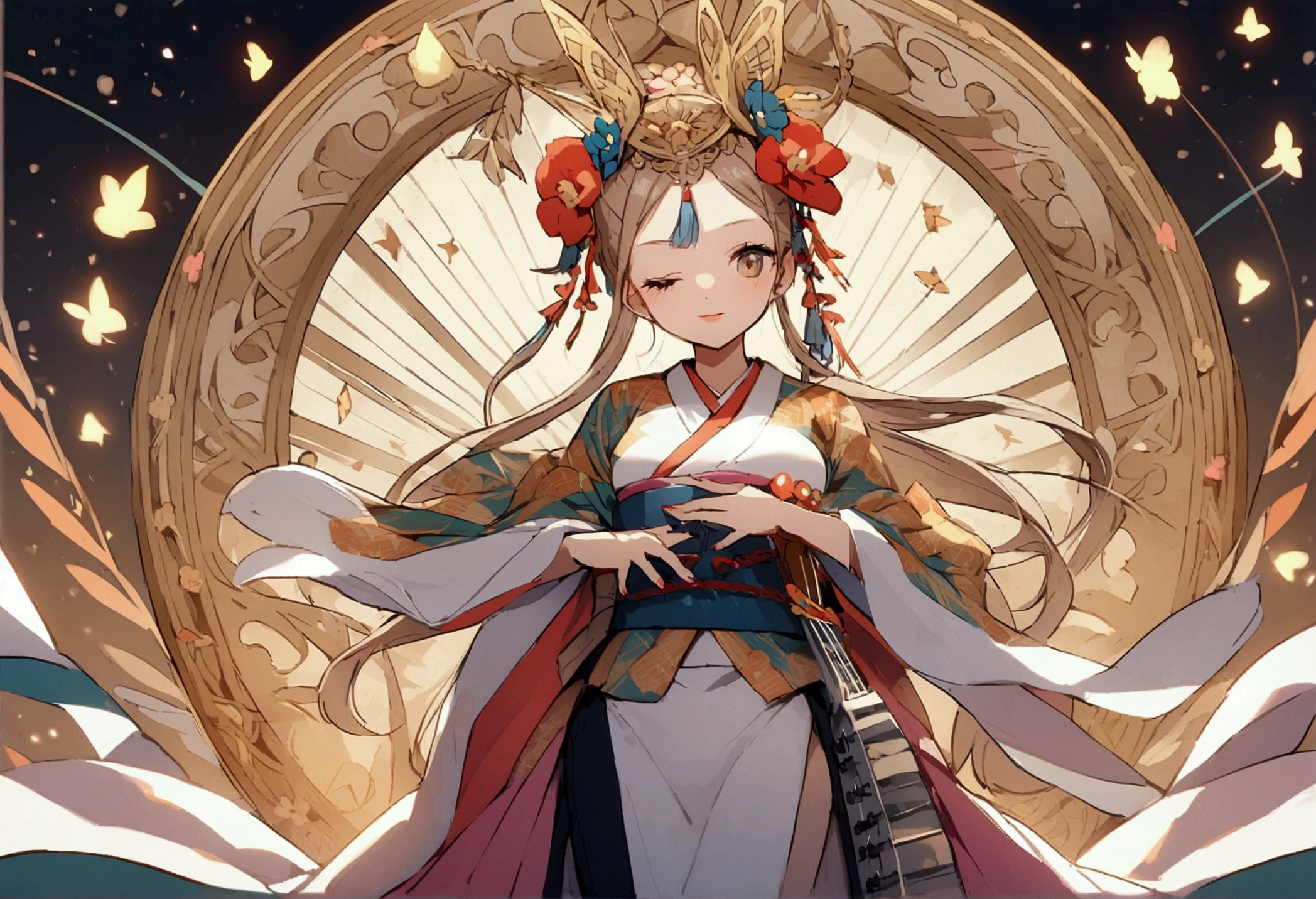 Woman with musical instrument　kimono