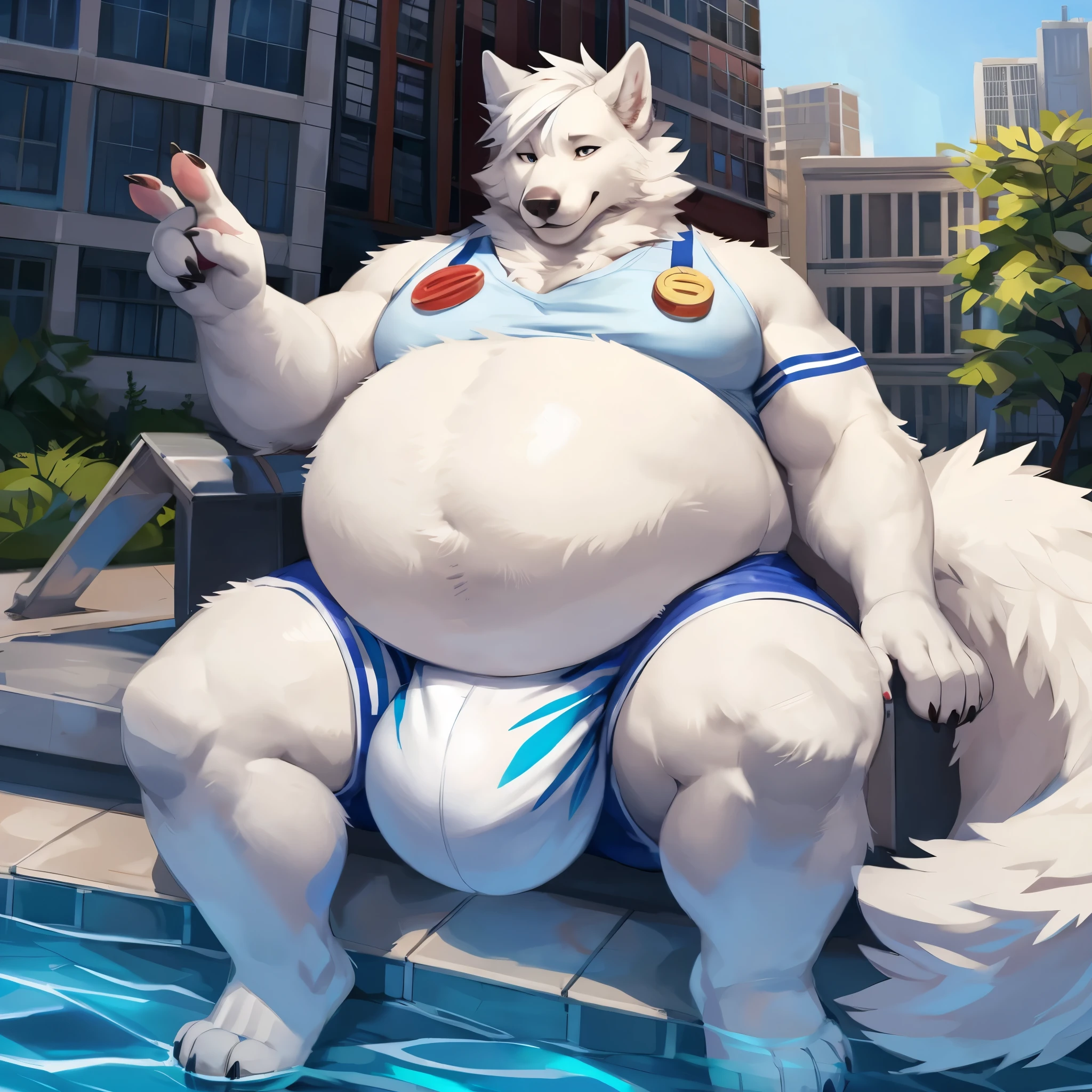 4k ultra quality, 4k half body view,ultra high detailed body,feral wolf,white fur,white hair, big belly, (round belly), hyper belly, enormous belly, enormous body,by mystikfox61, by glitter trap boy, by bebebebebe,by morethreedee, by seibear,(thick thigh),(chubby thigh),thicc thigh,thick legs,chubby legs,thicc legs,enomorous thigh,massive thigh,massive legs,(detailed thigh),(wide thigh),thick butt,fluffy belly,furry belly,sharp nails,(((sfw))),(detailed face),detailed eyes,,big tail,fluffy tail,(detailed tail),enomorous tail,bigger tail,huge tail,bloated belly,enomorous thigh,fluffy paws,detailed paws,thick paws,chubby paws,shirt with buttons,feral legs
,in a city,(macro),hyper balls,(hyper bulge),bigger bulge,ultra bigger belly,(detailed bulge),tight shorts,sitting in pool