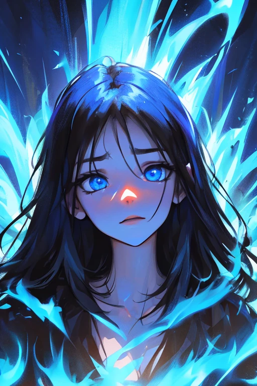 portrait, horror-themed Radiant beautiful dark angel aT amidst a field of blue flame at night, aglow with blue fire, the dark ethereal form exudes a sense of calm and tranquility in the face of the furious inferno, dark theme, distortion for emotional effect, captures feeling over (form:1.05), style of Artgerm and Ilya Kuvshinov