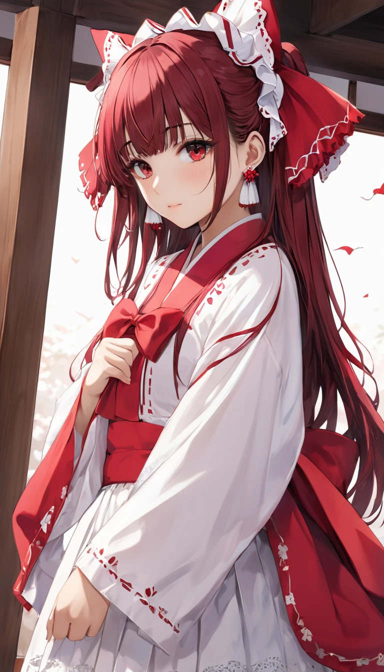 (masterpiece, Highest quality:1.2), One Girl, alone,Bony body、15 years old、Earrings、Reimu_it doesn&#39;t matter, Red dress, Shrine maiden, Shrine Background, One girl, masterpiece, Highest quality, Very detailed