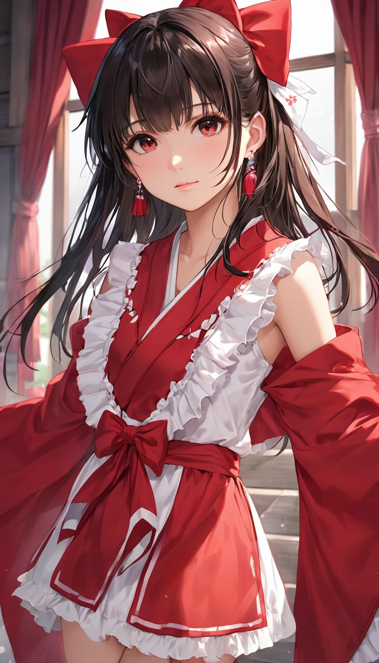 (masterpiece, Highest quality:1.2), One Girl, alone,Bony body、15 years old、Earrings、Reimu_it doesn&#39;t matter, Red dress, Shrine maiden, Shrine Background, One girl, masterpiece, Highest quality, Very detailed