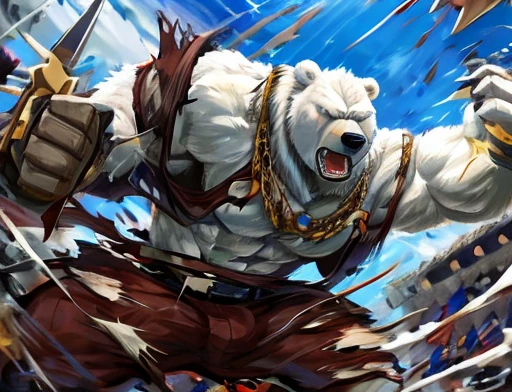 A frontal image of the moment of a polar bear attack on Expectador . The polar bear attacks the spectator with his binges, the bear is furious . Animal rage rage . He wears a very torn and torn leather blanket as primitive clothing.. He attacks , dynamic angle.