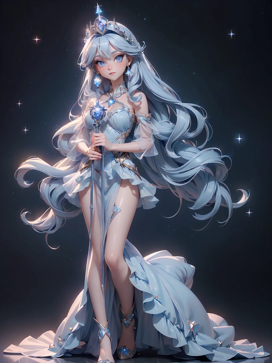 (((masterpiece, best quality, high detailed, 16k))) (1girl) A radiant and ethereal princess with long, shimmering midnight blue hair and luminous silver eyes. She wears a flowing gown made of starlight and moonbeams, with celestial patterns and sparkling jewels. She holds a delicate scepter topped with a glowing star. ((full body view))