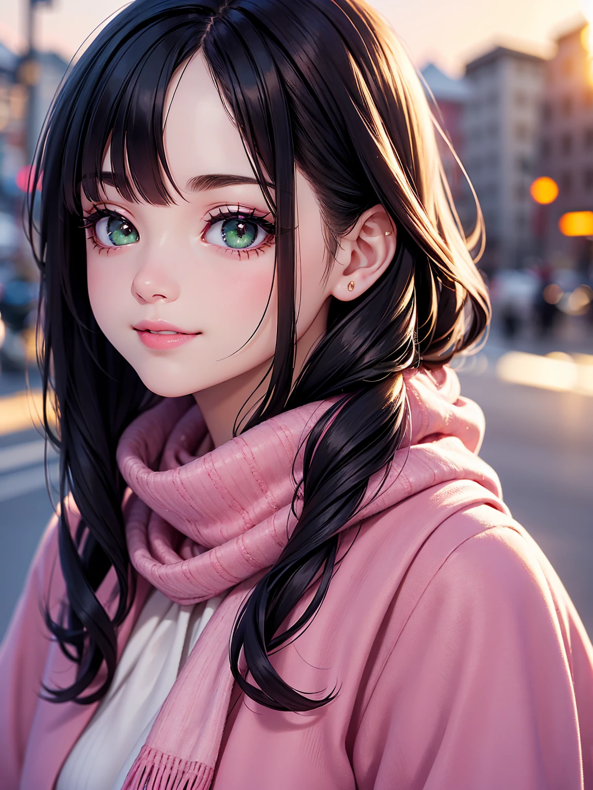 rich in detail:1.5, high resolution, Natural strokes and colors, natural lighting, face detailed, detailed hair, eye detailed, detailed nose, detailed lips. an adult and beautiful girl:1.9, with pink lips, wearing a sweatshirt, wearing a scarf, Snowy city with sunset, with long black hair, with green eyes, with pink lips, pale skin, long eyelashes, with pink tint on eyelashes, with a smile.