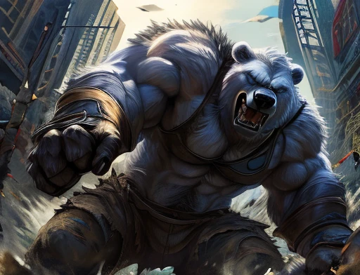 A frontal image of the moment of a polar bear attack on Expectador . The polar bear attacks the spectator with his binges, the bear is furious . Animal rage rage . He wears a very torn and torn leather blanket as primitive clothing.. He attacks , dynamic angle.