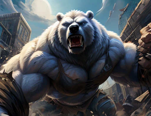 A frontal image of the moment of a polar bear attack on Expectador . The polar bear attacks the spectator with his binges, the bear is furious . Animal rage rage . He wears a very torn and torn leather blanket as primitive clothing.. He attacks , dynamic angle.