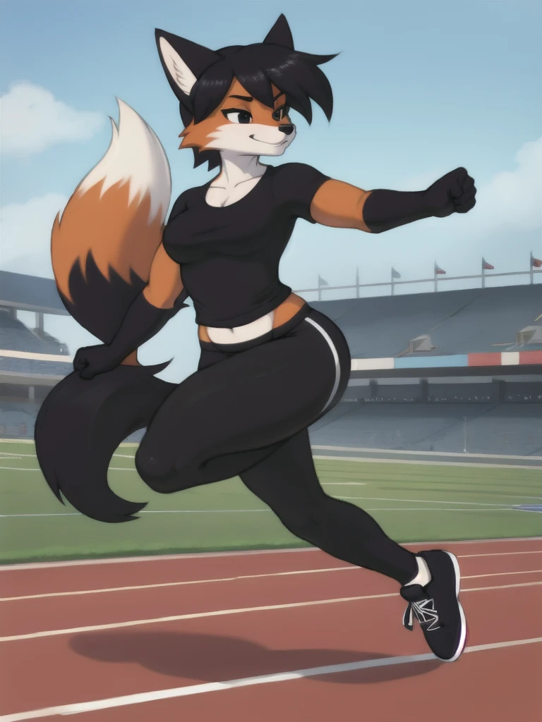 Furry, fox, female, black shirt, black leggings, shoes, running track, solo, full body
