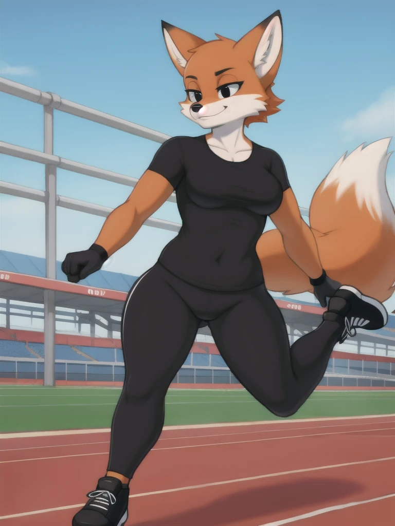 Furry, fox, female, black shirt, black leggings, shoes, running track, solo, full body