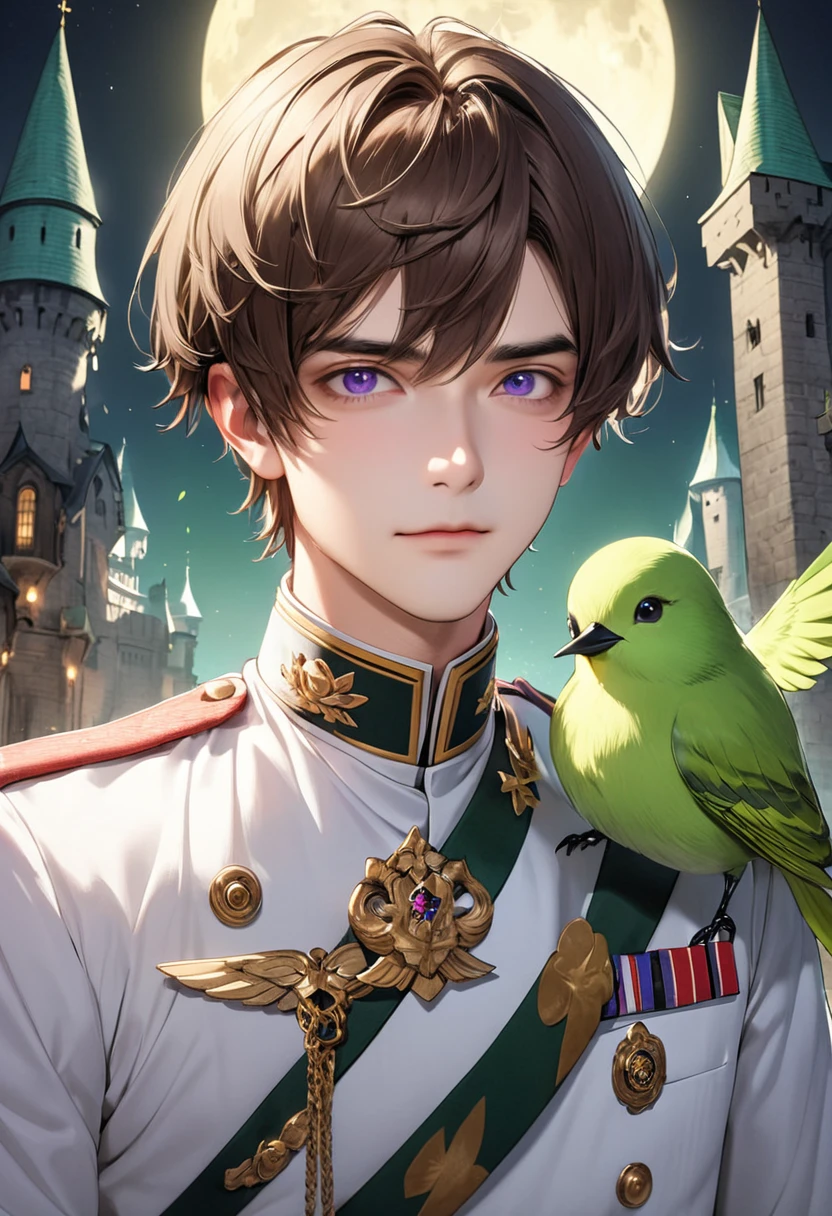 1 male　Brown hair and eyebrows　Long Bangs　 Purple Eyes　White military uniform　full moon　Inside the castle　A thin green bird