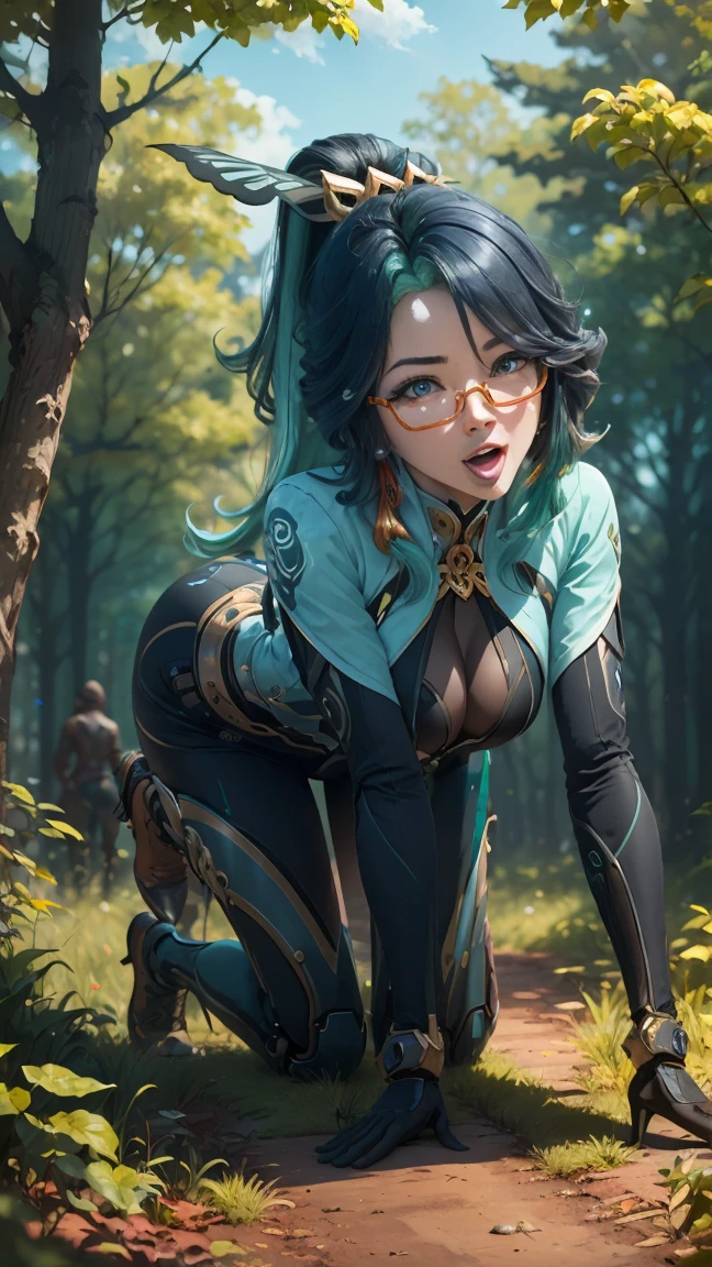 (masterpiece, best quality), 1girl, xianyun, glasses,ponytail, red-framed eyewear, under-rim eyewear,ponytail,
BREAK (cyborg, high-tech, robot:1.2),
BREAK doggystyle, all fours,  sex from behind, facing viewer, tongue out, open mouth , smile ,rolling eyes,
BREAK detailed background, detailed face, (frontier western theme:1.1), autumn forest background, fallen leaves,
BREAK ((top quality, 8k, masterpiece: 1.3, ultra hd, high quality, best quality, high definition, realism)), sharp focus: 1.5, Beautiful woman with Slim body, (perfect hands, perfect anatomy),