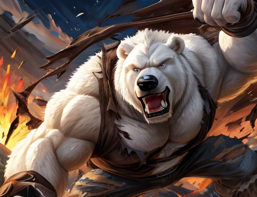 A frontal image of the moment of a polar bear attack on Expectador . The polar bear attacks the spectator with his binges, the bear is furious . Animal rage rage . He wears a very torn and torn leather blanket as primitive clothing.. He attacks , dynamic angle.
