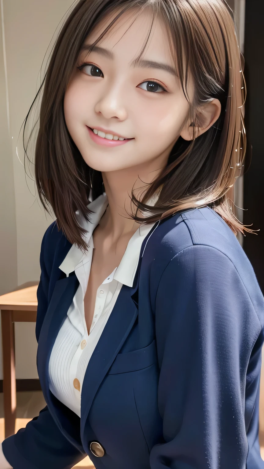 Masterpiece、Best Quality、Illustration、 Super detailed、Fine details、 High resolution、8K Denden Wallpaper、Perfect dynamic composition、17 year old beautiful girl、A neat and clean high school girl、Detailed beautiful face、Detailed beautiful eyes、Textured skin、A shy smile、Small breasts、Bold sexy pose、Navy blue school blazer uniform、Red ribbon、