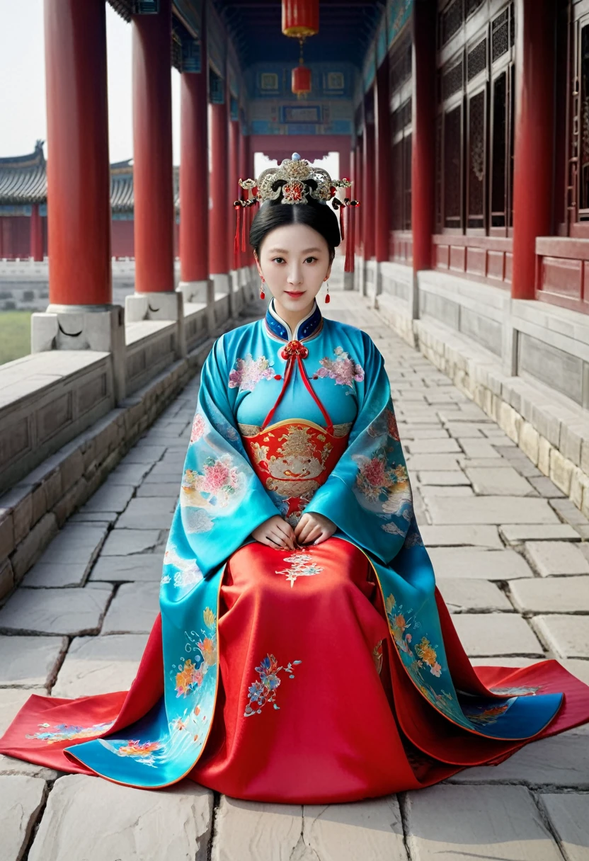 A woman seen from the front, sitting facing forward with her legs apart. Empress of the Qing Dynasty, Chinese imperial court. The Chinese empress is wearing a crown and a red Manchu dress with a floral pattern, open at the front, exposing her chest, lower abdomen, thighs and feet.。She is wearing no underwear, and her large breasts are exposed, right down to her bare stomach. Her hair is tied up and pulled up, and the background is the stone pavement of the Chinese palace of the Qing Dynasty.