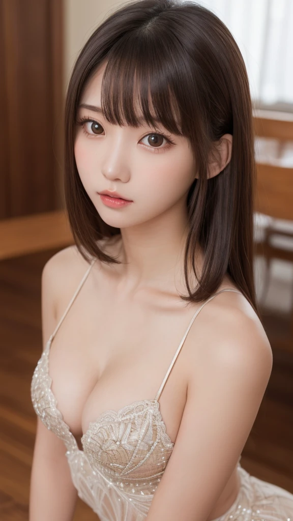 Tabletop, Highest quality, One girl, (beautiful girl:1.3), (18-year-old:1.3), Very fine grain definition, (Symmetrical eyes:1.3), (Sexy Costumes, Beautiful clavicle:1.2), Beautiful breasts, Brown eyes, Parted bangs, Brown Hair, girl1name,1girl