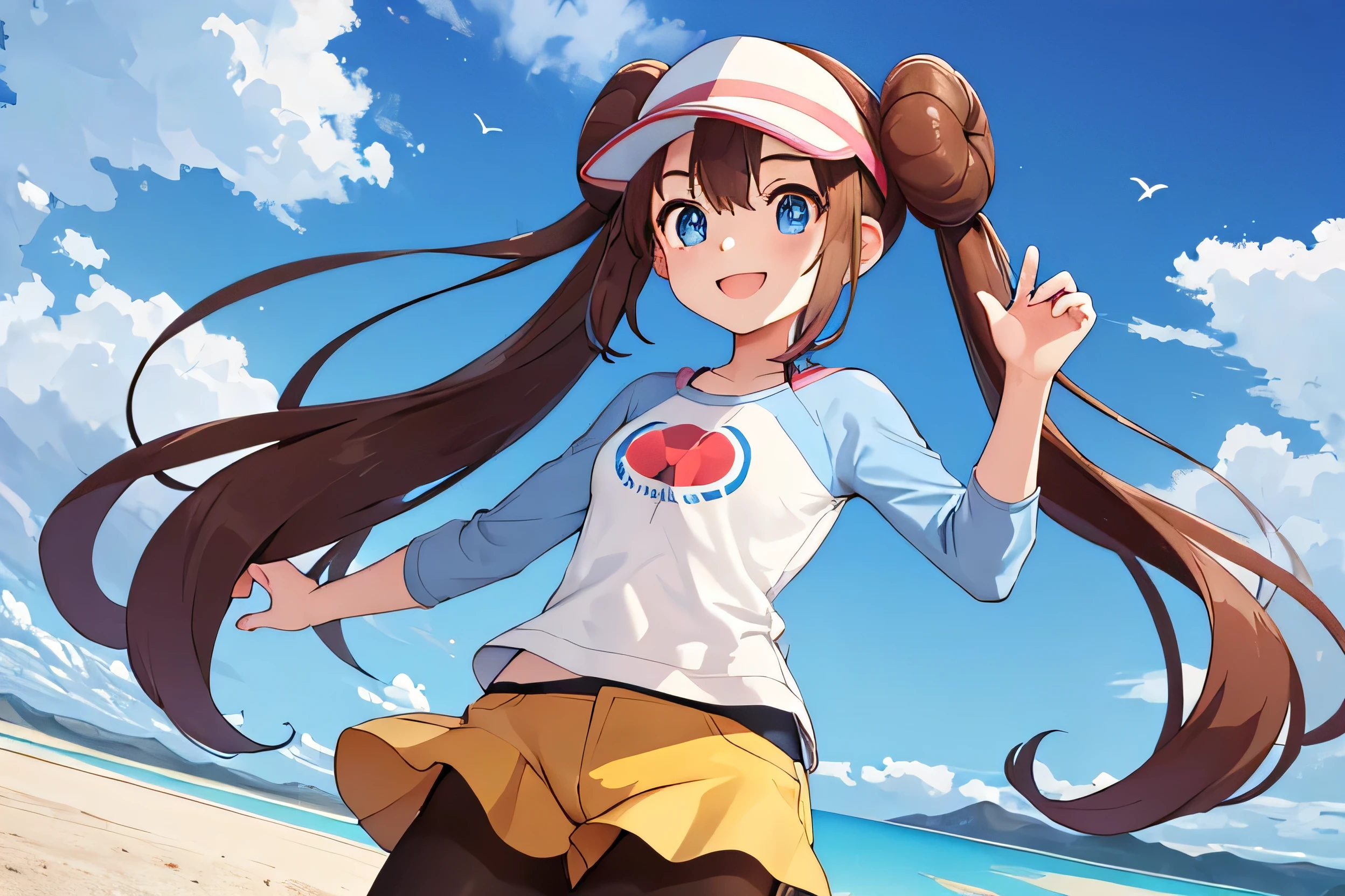 table top、highest quality、High resolution、1 girl、low length、Slender、smile、brown hair, bun hair, blue eyes, long twin tails, visor cap, black tights, raglan sleeves, yellow shorts,shirt, pink bow, watch、outdoor、Photo of the subject from below、tits、Loose shorts、white Panties are visible through the gap between the yellow shorts、raising one knee