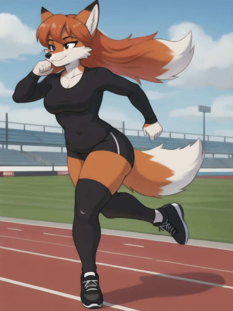 Furry, fox, female, black shirt, black leggings, shoes, running track, solo, full body