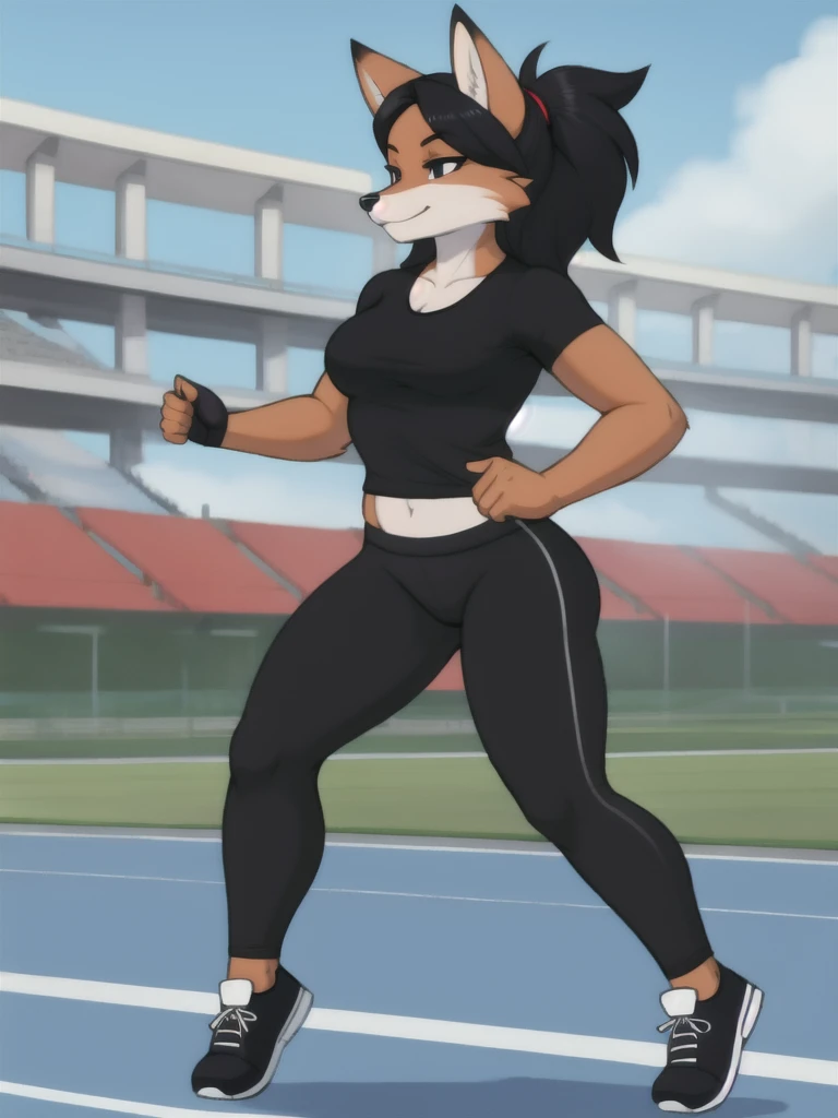 Furry, fox, female, black shirt, black leggings, shoes, running track, solo, full body