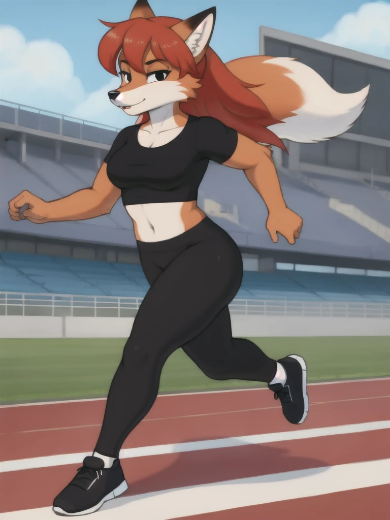 Furry, fox, female, black shirt, black leggings, shoes, running track, solo, full body