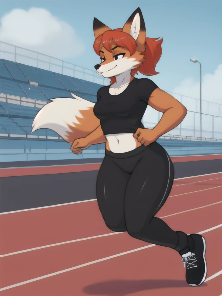 Furry, fox, female, black shirt, black leggings, shoes, running track, solo, full body