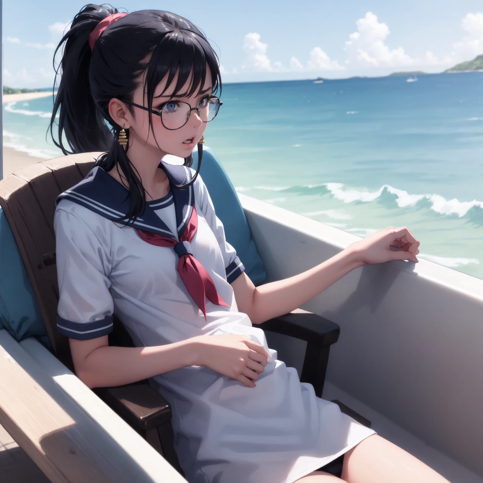 Masterpiece, Top quality, Earrings, Sailor suit, Black hair, Small breasts, Girl, Upper body, Hot, Sweating, Sitting, Ponytail, Looking at camera, Sea, Summer, Facing forward, Spreading legs, Angry, Showing crotch, Wearing glasses