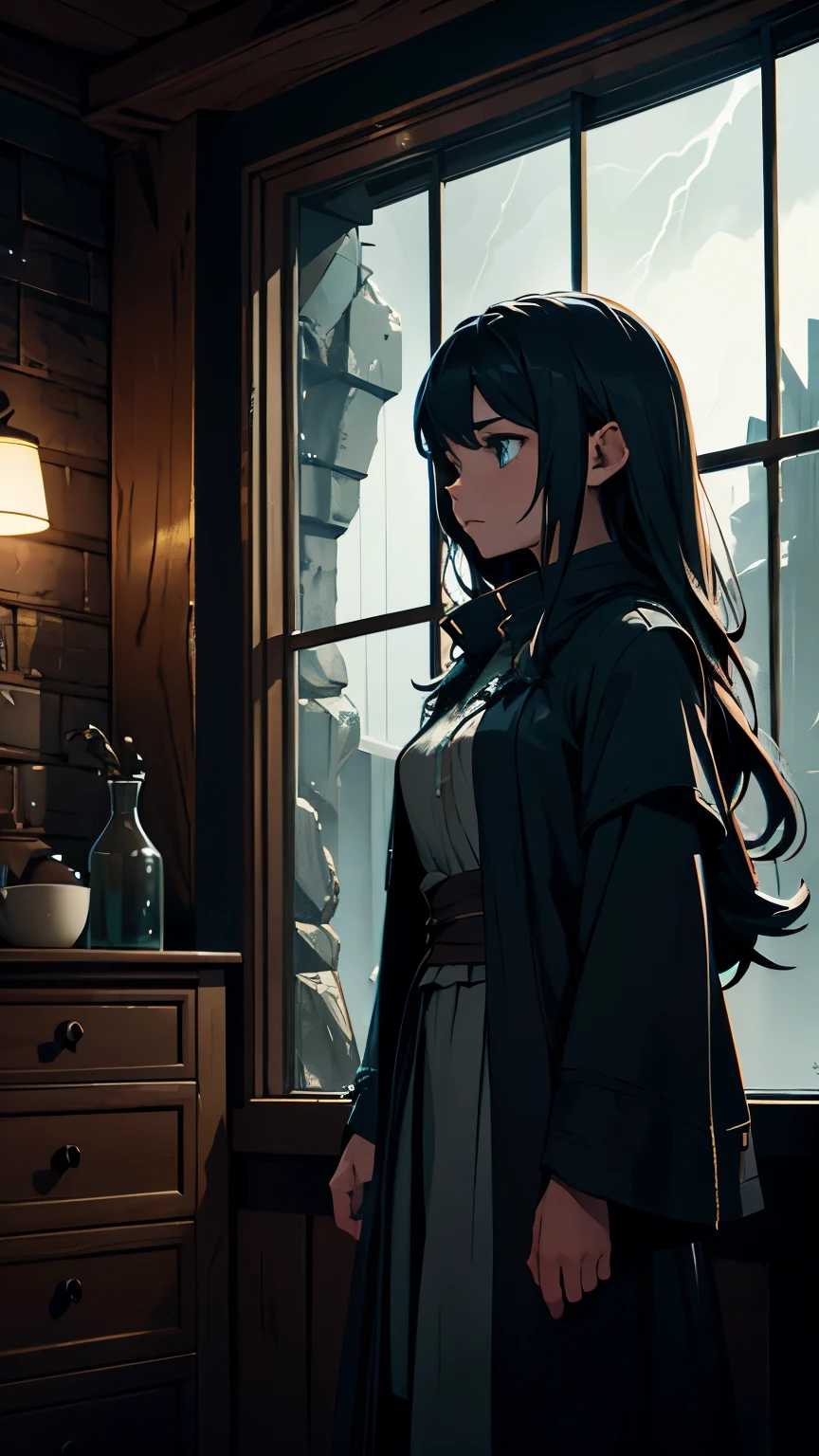 dark fantasy, Setting: Interior of Lyra's house, with a large window showing the storm outside.
Details:
Lyra: Young sorceress, with long hair and clothes typical of a sorceress. She is standing by the window, looking out.
Window: Large and with glass wet from rain. The storm is visible outside.
Interior: Cozy atmosphere, with rustic furniture and soft lighting.
Colours: Warm and soft tones in the interior; dark, turbulent tones for the storm outside.
Atmosphere: Feeling of contemplation and concern, with a contrast between the safety of the interior and the storm outside.