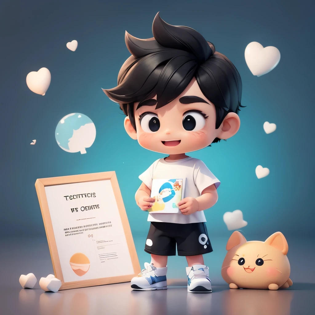 Cute 3D rendering style,Tide play style, showing you a certificate,Wearing a white T-shirt,Black hair,Black eyes,Wear shoes,Happy expression,8K quality,high quality,Soften Tone,Repair face and hands