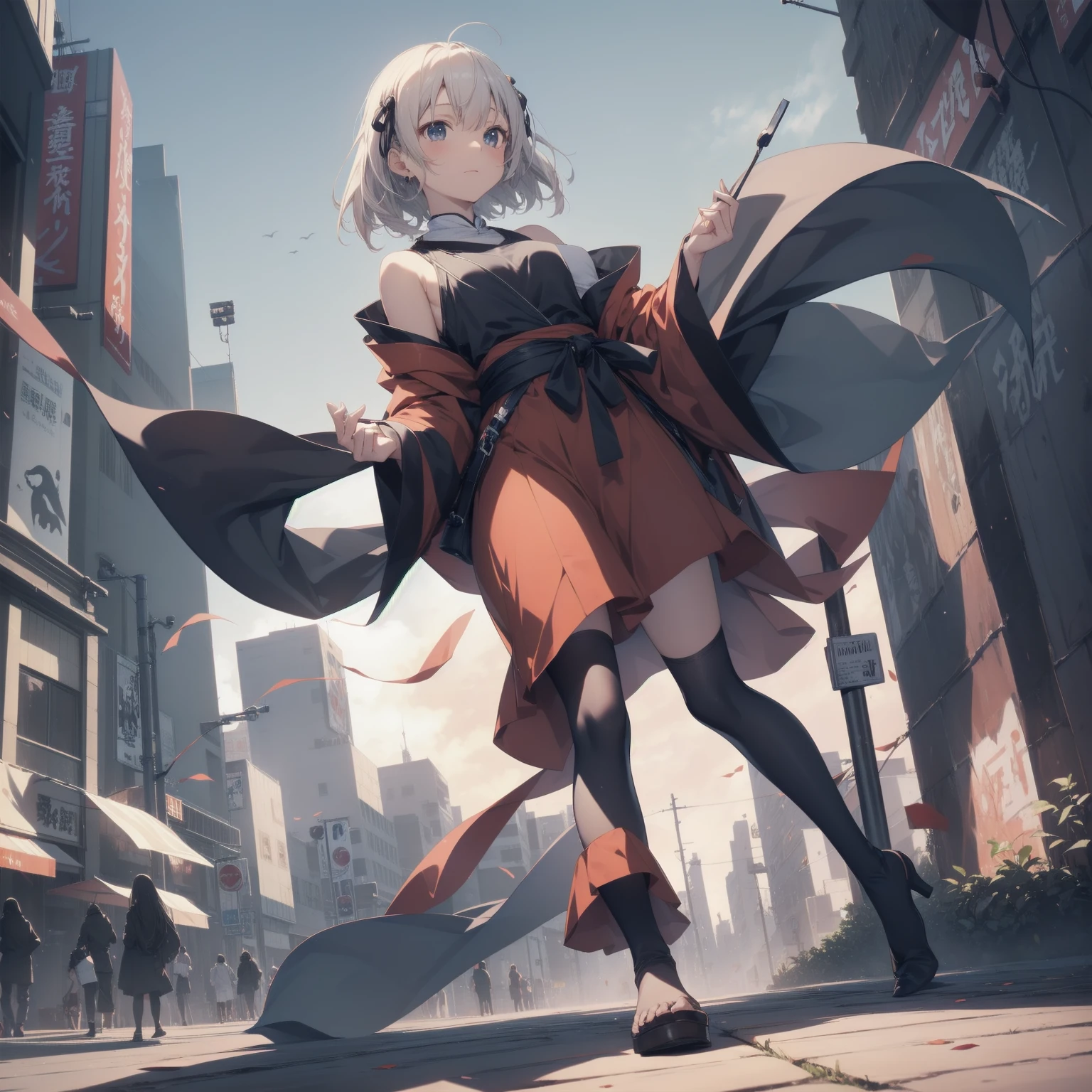 Ninjas are... cool and... fast.!ultra-absurdres-Top quality by artist God, ultra-detailed, high resolution, anime moe artstyle, best anime 8k konachan wallpaper, pixiv contest winner, pool:2810, perfect anatomy,break, Domo…1girl is ninja girl, (Please draw a picture of a Ninja girl stand and look down on the city from rooftop),from above, dutch angle, break, (Solo,little female,,12-year-old:1.3), androgynous charm, (Very Short hair, blunt bangs), Full limbs, complete fingers,flat chest, Small butt, groin, small black eyes, beautiful detailed eyes, well-proportioned iris and pupils, expressive eyes, highres detailed hair, (sleeveless hanjuban),obi,ninja hakama, japanese Hairpin,ninja scarf waving in the wind, ninja stance, break,super detailed skin, Best cinematic lighting powered by famous artist, 8k,beauty illustration,photoshop_(medium),very aesthetic,break,((artist:nekotoufu )), artist:clamp ,artist:carnelian ,artist:kantoku ,