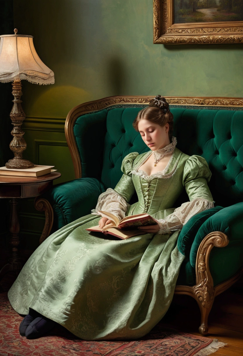thick oil painting, Precise hands, Create an artwork depicting a person in Victorian-era clothing, reclining on a green sofa with an open book resting on their chest. The setting should have a relaxed and serene atmosphere, with soft lighting that accentuates the folds of the clothing and the contours of the sofa. Include details such as a fallen book on the floor to suggest a moment of peaceful slumber or restful pause in an indoor environment.