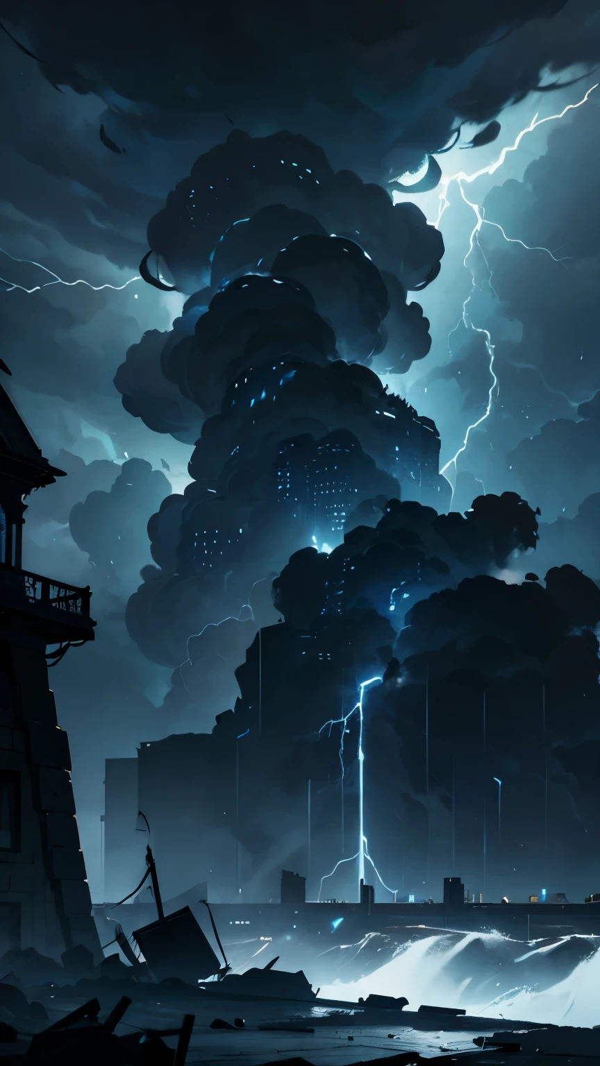 dark fantasy, Scenario: Havencrest being hit by a monster storm.

Details:

Storm: Dark, turbulent clouds, with intense lightning and torrential rain.
City: Havencrest buildings and walls being shaken and damaged by the storm.
Environment: Visible ruins, with objects being swept away by strong winds.
Colors: Dark, moody tones of gray and blue, with bright flashes of lightning.
Atmosphere: Chaotic and destructive, showing the intensity of the storm and the impact on the city.