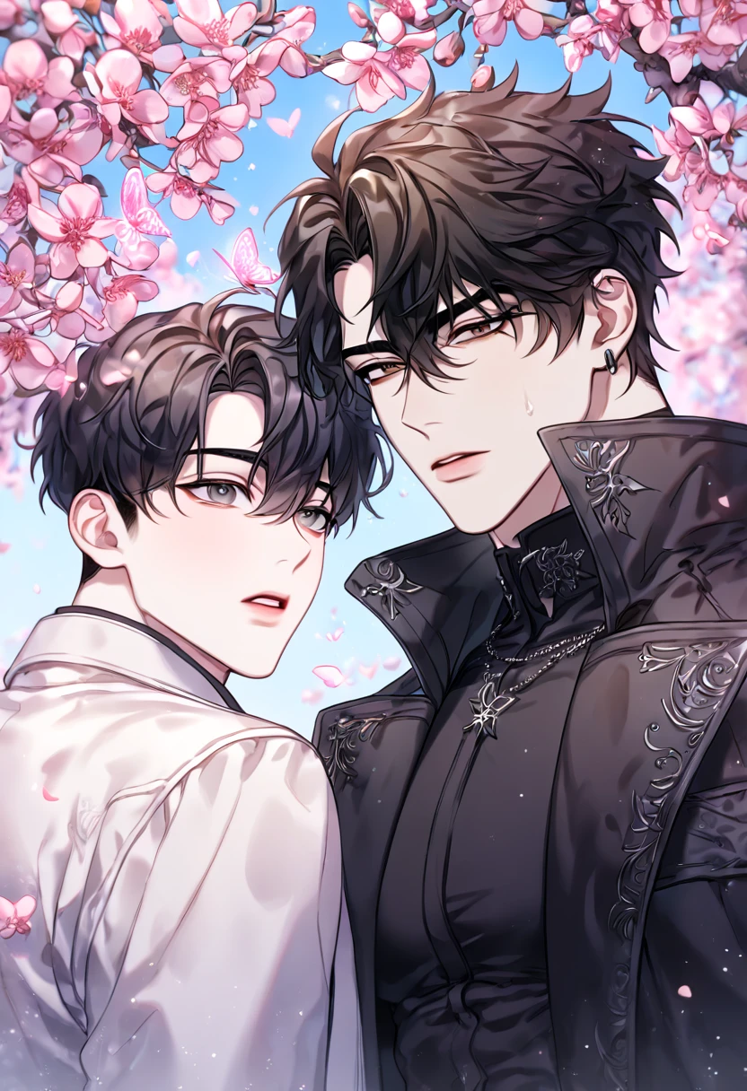 absurdres, highres, ultra detailed, HDR, master piece, best quality, extremely detailed face, delicated features, Kim Dokja & Yoo Joonghyuk, black hair, expressive gray eyes, Omniscient Reader's Viewpoint, black hair, expressive brown eyes, two men together, yaoi, gay couple, handsome, black coat, white coat, fantasy, magical, pink butterflies, spring, pink leaves, pink flowers, blossoms, blue sky, joongdok