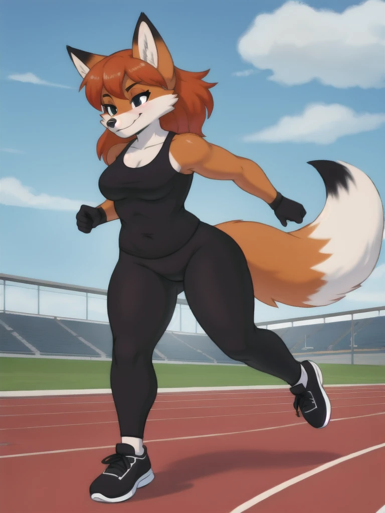 Furry, fox, female, black shirt, black leggings, shoes, running track, solo, full body