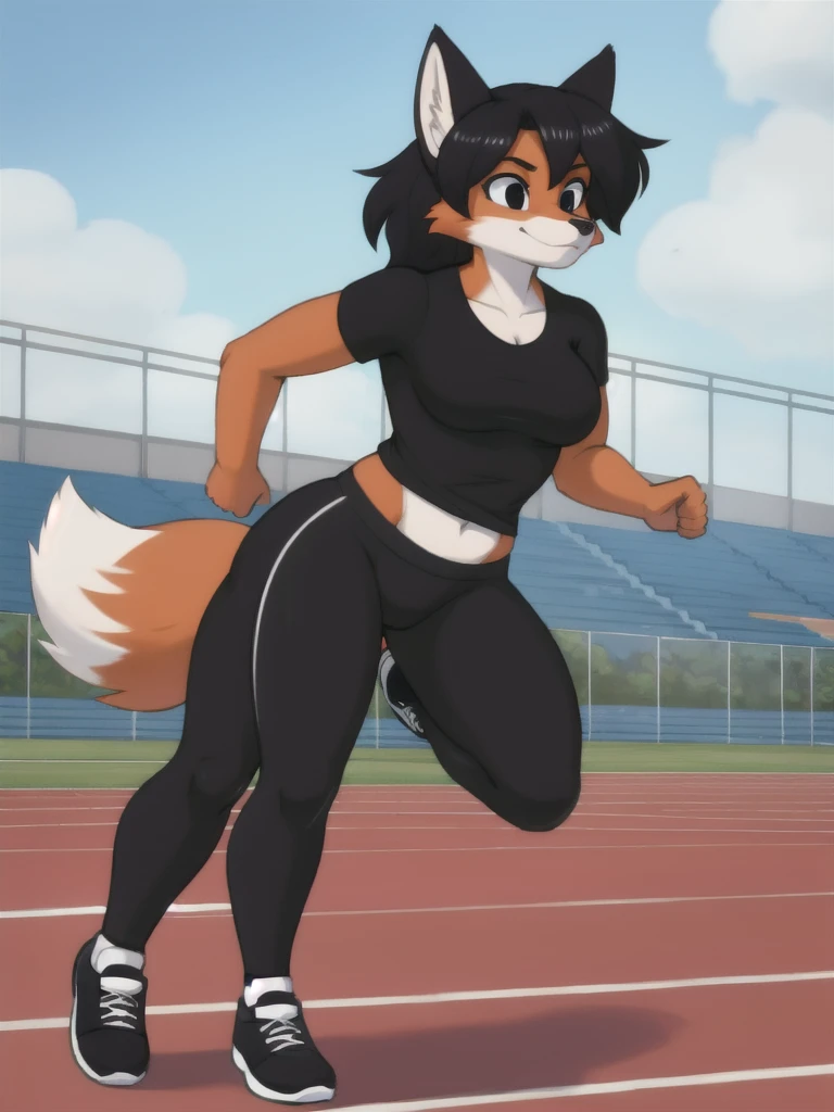 Furry, fox, female, black shirt, black leggings, shoes, running track, solo, full body