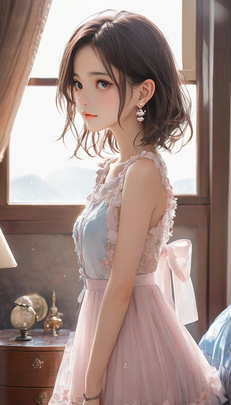 (masterpiece, Highest quality:1.2), One Girl, alone,Bony body、15 years old、Earringagical girl clothes 