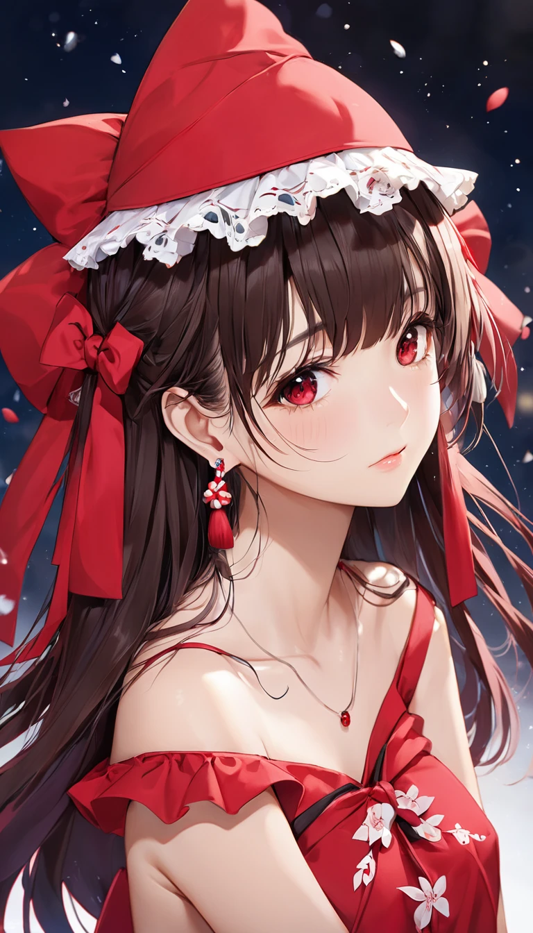(masterpiece, Highest quality:1.2), One Girl, alone,Bony body、15 years old、Earrings、Reimu_it doesn&#39;t matter, Red dress, Shrine maiden, Shrine Background, One girl, masterpiece, Highest quality, Very detailed