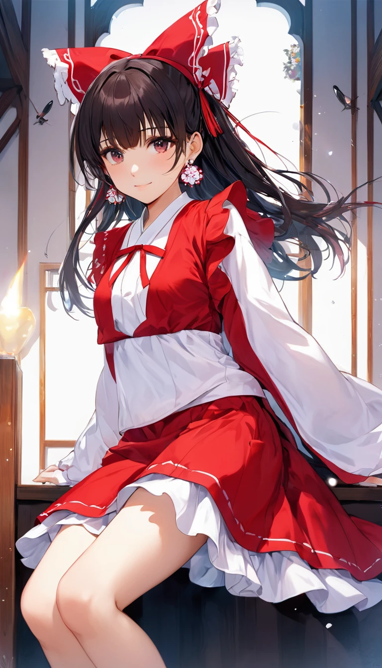 (masterpiece, Highest quality:1.2), One Girl, alone,Bony body、、Earrings、Reimu_it doesn't matter, Red dress, Shrine maiden, Shrine Background, One girl, masterpiece, Highest quality, Very detailed