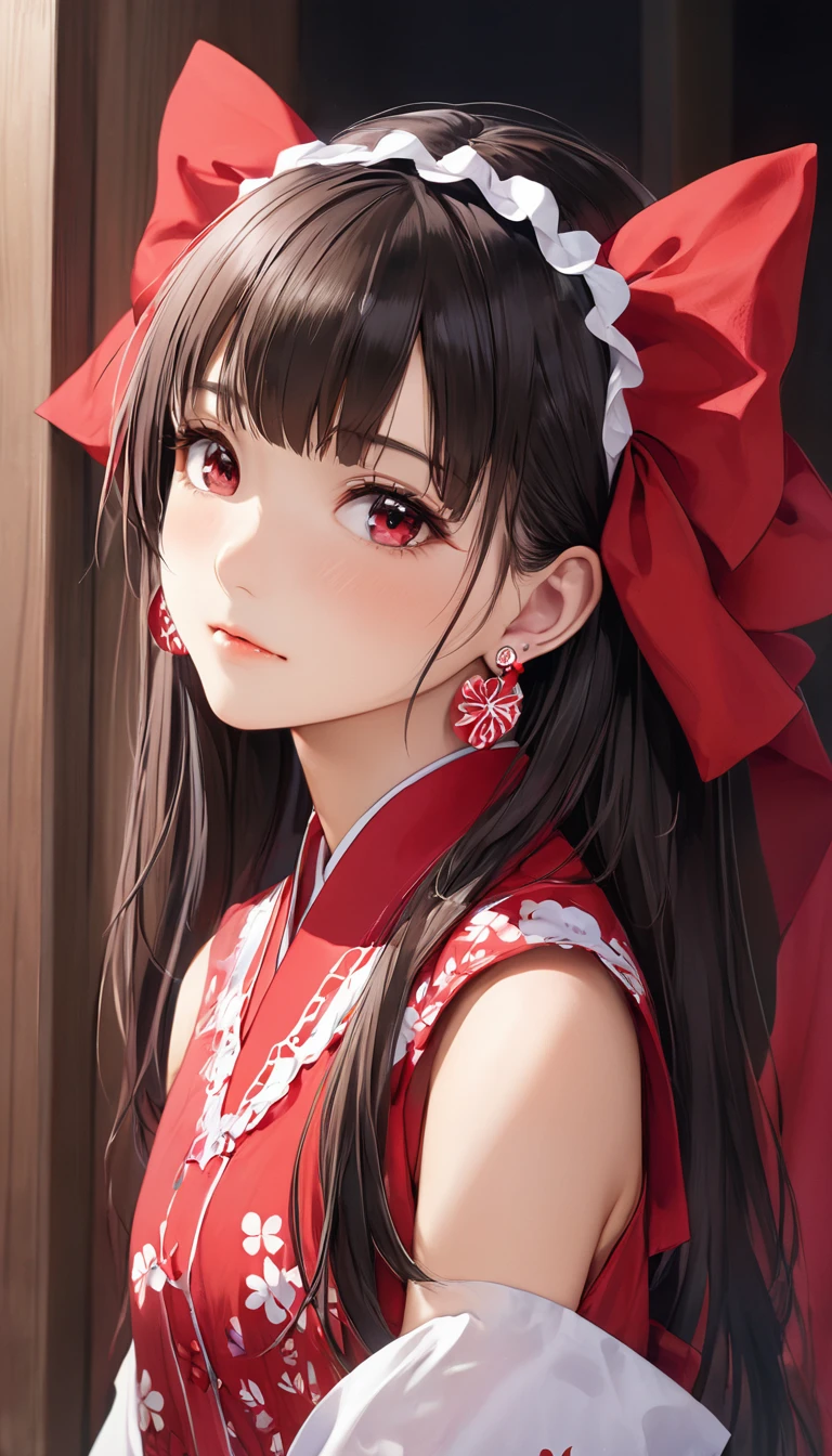 (masterpiece, Highest quality:1.2), One Girl, alone,Bony body、15 years old、Earrings、Reimu_it doesn&#39;t matter, Red dress, Shrine maiden, Shrine Background, One girl, masterpiece, Highest quality, Very detailed