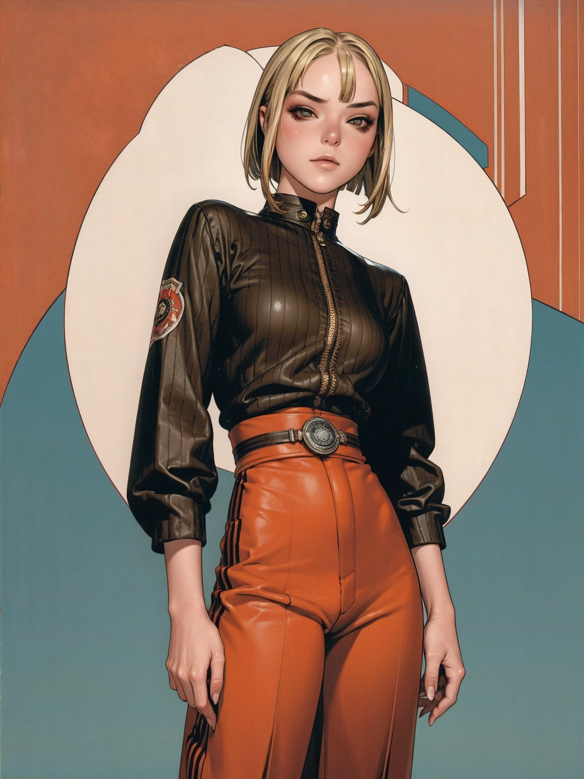 (best qualityer))), (((manga strokes))), (((blonde bob hair with straight bangs and red highlights))), (((wide pants with 2 side stripes))), uma Kizi jovem muito bem vestida com roupas modernas de inverno, top gift vertical stripes, short jacket with dark fur collar, beautiful and expressive face, slightly-smile, big eyes with long black eyelashes, heavy make-up, chains and zippers spread across clothes, contrasting colours, pose de atitude, hair with a modern and futuristic cut, urban game poster art, dramatic camera angles, graffiti art elements in the background, design mixing contemporary and retro by Shepard Fairey, (((cowboy shot))), (((best qualityer: 1.4))), (Unbeatable masterpiece), (hiper HD),(CG 8k hyper-realistic), Kizi, (((standing alone))), pirralha violent, (((14歳))), sexly, pose de atitude, work of art, post-apocalypse, (((manga style))), bounty hunter, violent, Manic, the way you want, slenderbody, thin but strong, perfectbody, roupa moderna, advanced technology, neon, sleeves with vertical striped pattern, neutral background, (( cowboy shot )). intricate visual