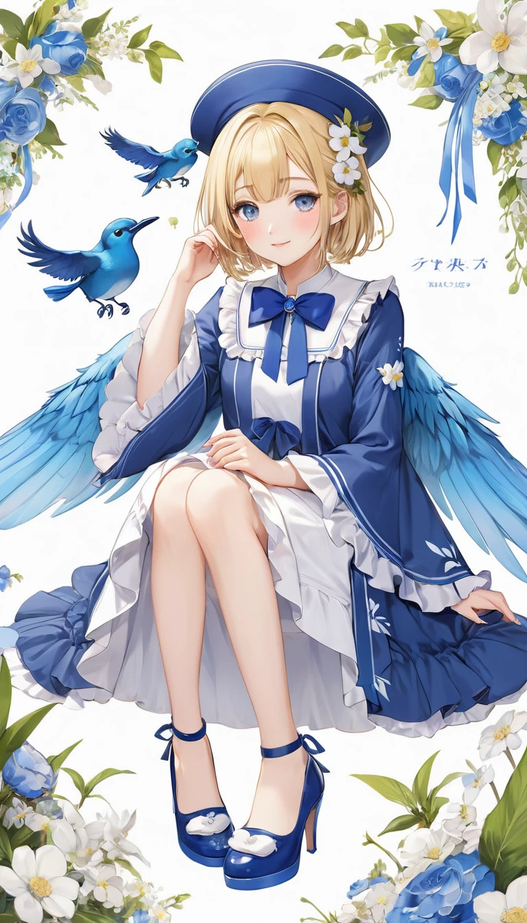 (masterpiece, Highest quality:1.2), One Girl, alone,Bony body、15 years old、detailed face, cute face, Uekura, One girl, Blonde Hair, White Background, Have, dress, Blue footwear, wing, Simple Background, sign, flower, Manicure, Wide sleeves, Long sleeve, blush, animal, white flower, alone, whole body, bird, View Viewer, High heels, Put your hand on your cheek, put your hand on your face, Frills, bow, bangs, ribbon, Bell, Blue hat, +_+, shoes, short hair, Grey Eyes, shoes, Blue Claws, feathered wing, blue bow