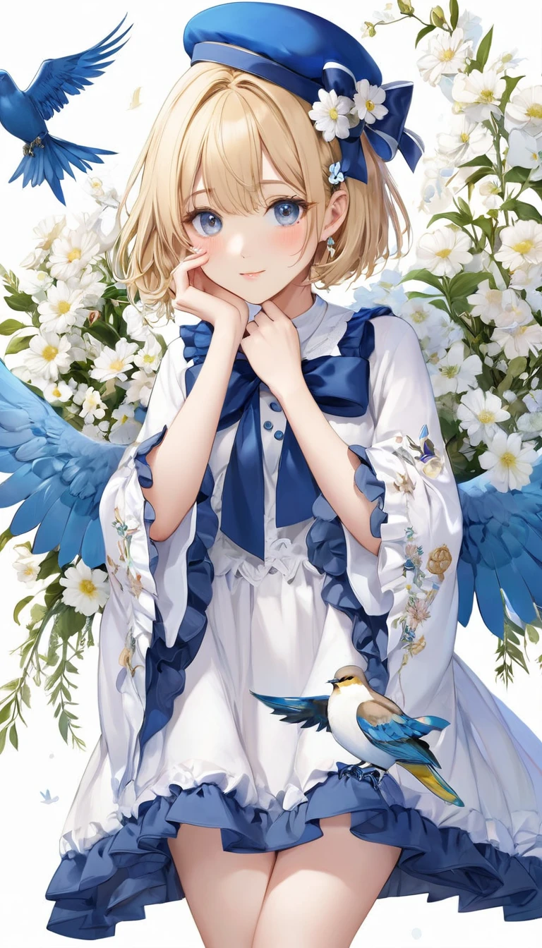 (masterpiece, Highest quality:1.2), One Girl, alone,Bony body、15 years old、detailed face, cute face, Uekura, One girl, Blonde Hair, White Background, Have, dress, Blue footwear, wing, Simple Background, sign, flower, Manicure, Wide sleeves, Long sleeve, blush, animal, white flower, alone, whole body, bird, View Viewer, High heels, Put your hand on your cheek, put your hand on your face, Frills, bow, bangs, ribbon, Bell, Blue hat, +_+, shoes, short hair, Grey Eyes, shoes, Blue Claws, feathered wing, blue bow

