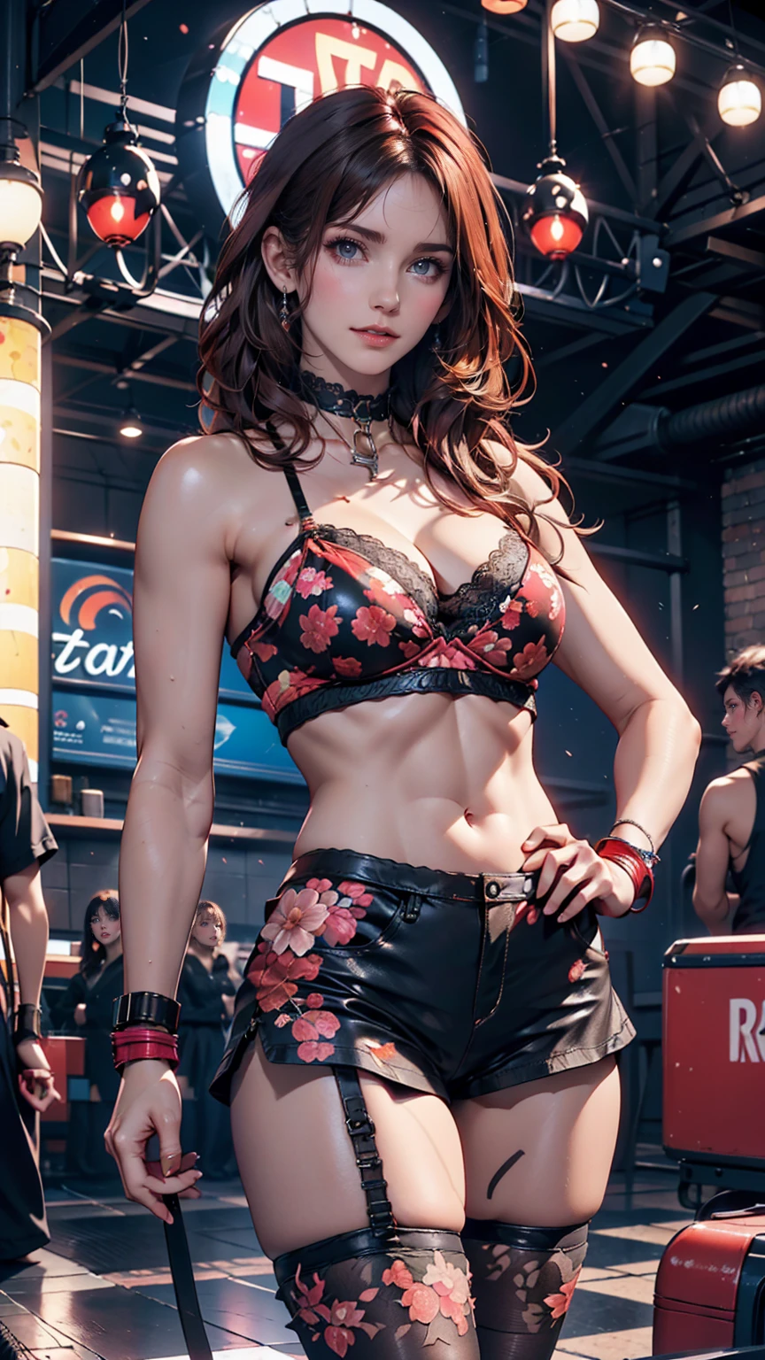 24-year-old woman、Red hair、Semi-long hair、sexy lace panties((sexy panties))、Tube top printed with the logo of a hard rock band((Tube Top))、Leather choker、Leather Wristbands、Heavy makeup、Place hands on hips、Stiletto heels、Rock Festival Venues、An exciting atmosphere