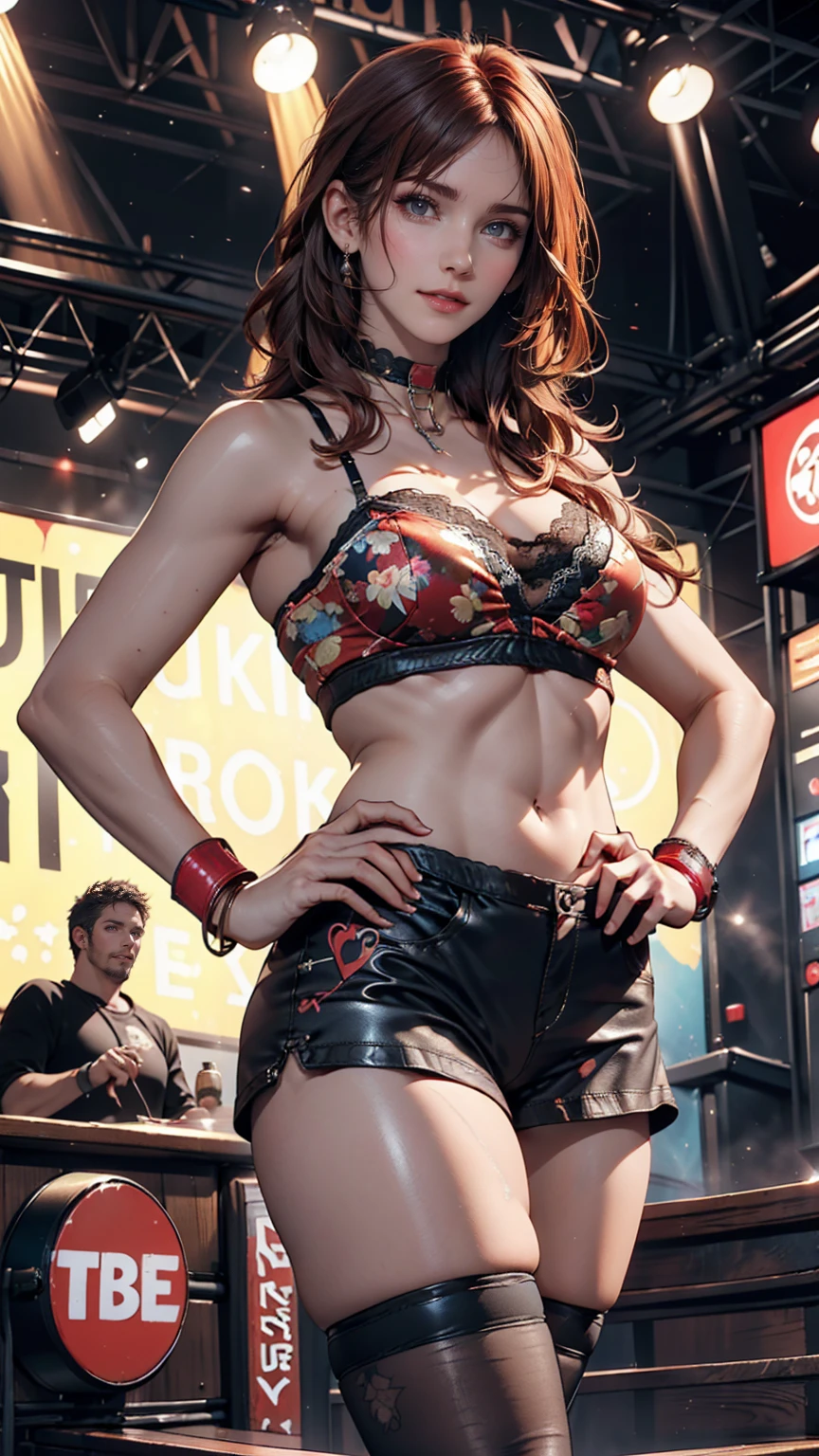 24-year-old woman、Red hair、Semi-long hair、sexy lace panties((sexy panties))、Tube top printed with the logo of a hard rock band((Tube Top))、Leather choker、Leather Wristbands、Heavy makeup、Place hands on hips、Stiletto heels、Rock Festival Venues、An exciting atmosphere