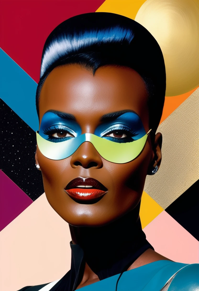 Grace Jones themed, Surreal and strange dislocation art：Collage，There are many different things on the faces，spaceship，vibrant sensual colors, Geometric Dislocation，Collage,Hollow，Artistic sense，Painting，paint，Simple, Grace Jones black singer