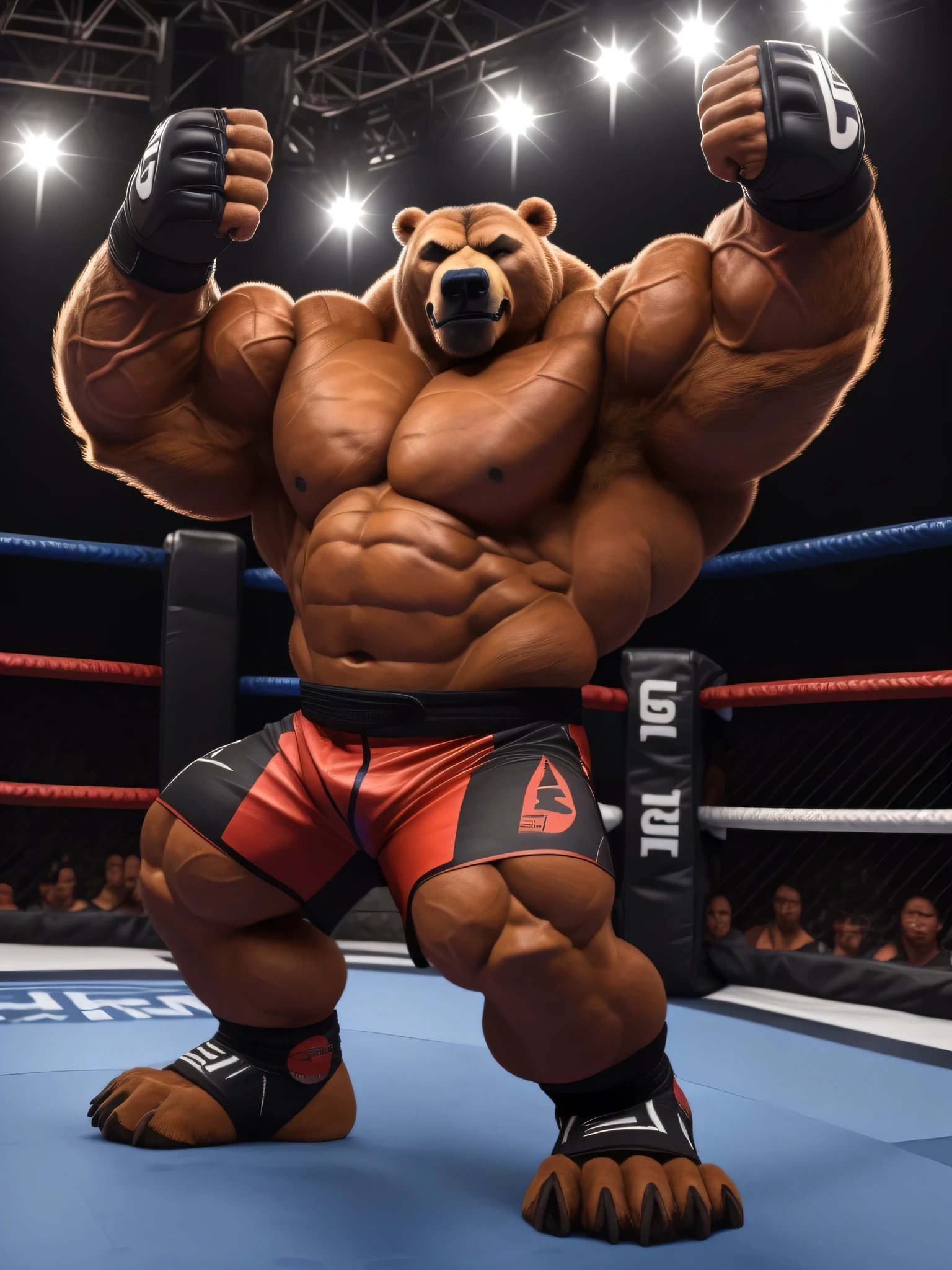 Solo, 1boy, A huge muscular grizzly bear at the UFC MMA Fighting Tournament, big smirk, grizzly bear, huge thick brown fur, thick arms, huge arms. Buzz cut, (huge thick muscular, huge pectoral, wide pectoral, thick arms, thick neck), bulky, bulking, hulking, correct anatomy, veins all over the body and neck, caged arena, fighting ring, realistic, 8k, masterpiece, added grayish eyebrows, detailed eyes with brown pupils, (wearing black mixed martial arts shorts with red slits, mixed martial art fingerless gloves with red pads, black toeless footwear and shirtless and topless), kicking techniques, uppercut punching movements. Champion