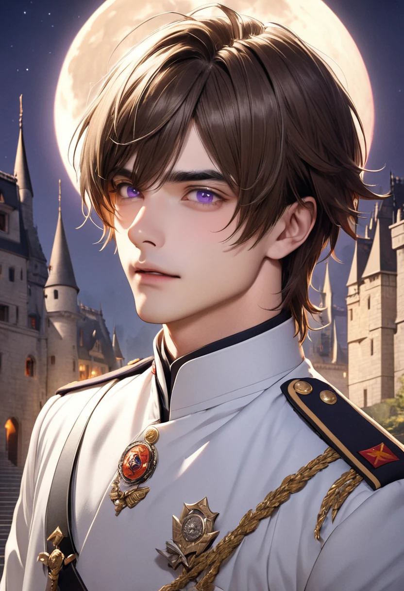 1 male Brown hair and eyebrows Long Bangs Purple Eyes White military uniform full moon Inside the castle