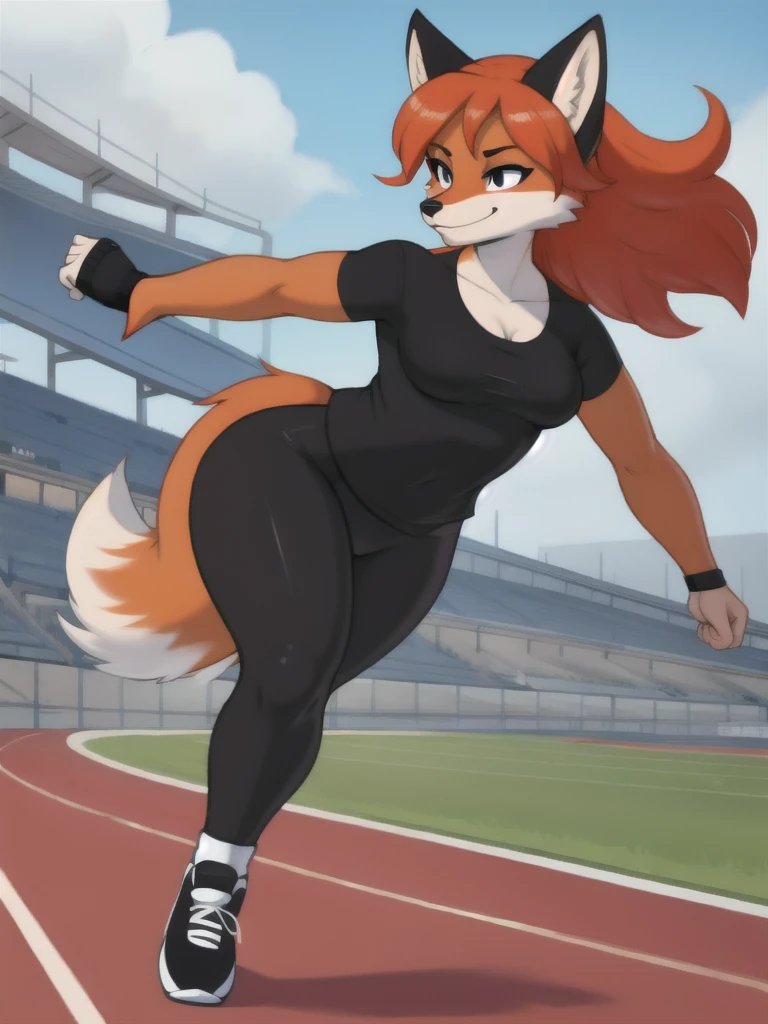 Furry, fox, female, black shirt, black leggings, shoes, running track, solo, full body